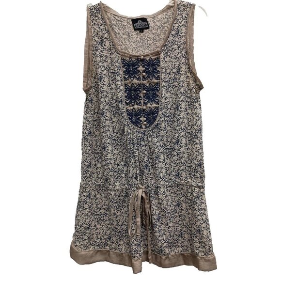 Angie Womens BOHO Sleeveless Tunic Top Large Navy Embroidered Floral Cottagecore - Picture 1 of 10